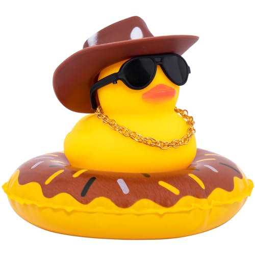 Image of wonuu Car Rubber Duck, Yellow Duck Decoration Dashboard with Sun Hat Swim Ring Necklace Sunglasses for Car Dashboard Decorations, White Spots Brown Cowboy Hat-Brown Donut