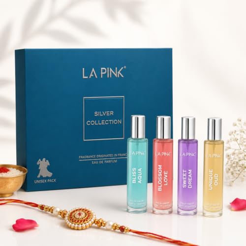 Image of LA PINK Silver Collection Unisex EDP Perfume Valentine Gift Set for Him & Her | Long Lasting Eau De Parfum | Travel-Friendly Fragrance Pack | Gift for Couple | Pack of 4 (25ml each)
