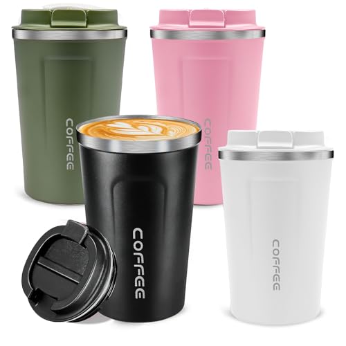 Kaxtde 4 Pack Travel Mugs Bulk, 380ml Insulated Coffee Cup with Leakproof Lid, Double Walled Vacuum Coffee Mugs, Reusable Stainless Steel Tumblers for Cold Hot Drinks Car Camping Gym Office