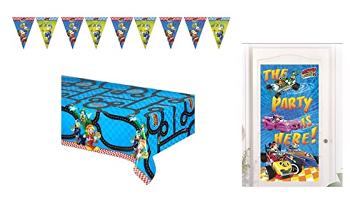 ALMACENESADAN 4684, Pack cumpleaños mickey y los superpilotos compuesto por mantel 120x180cm, lineal de 9 banderines y la fiesta es aquí de 150 x 75 cm (8435510346843)