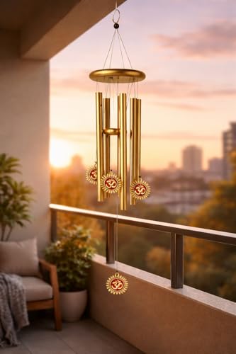Image of Om Design Metal Wind Chime for Home Decor | Golden Hanging Wind Chimes for Balcony, Garden & Temple | Vastu & Spiritual Decorative Item