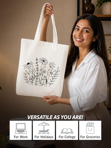 Image of DOODLE Premium Canvas Tote Bag for Women with Zip and Inner Pocket for Shopping, Office, Travel and Daily Use