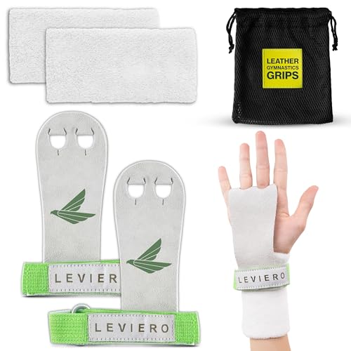 LEVIERO Palmies Gymnastics Grips, Grips for Gymnastics, Multipurpose Soft Leather Grips with Adjustable Finger Holes, Weightlifting, Kettlebell, Cross Training Workouts for All Ages - (White, Large)
