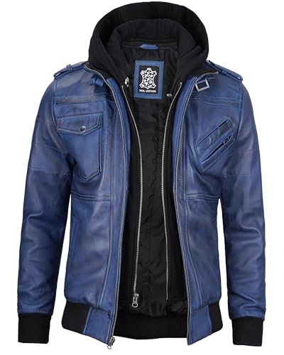 Image of Decrum Mens Leather Jacket - Detachable Hood Stylish Real Lambskin Leather Bomber Jacket Men
