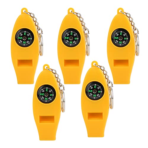 Culnflun Whistle Compass Thermometer Magnifier 4 in 1 Compact Lightweight Outdoor Tool for Camping Hiking Travel ABS Yellow 5PCS