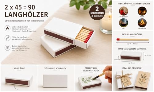 jameitop® 2 Schachteln White Label Riesen Zündhölzer OHNE Druck ideal für Kamin Sicherheitszündhölzer 90 Streichhölzer, 95mm