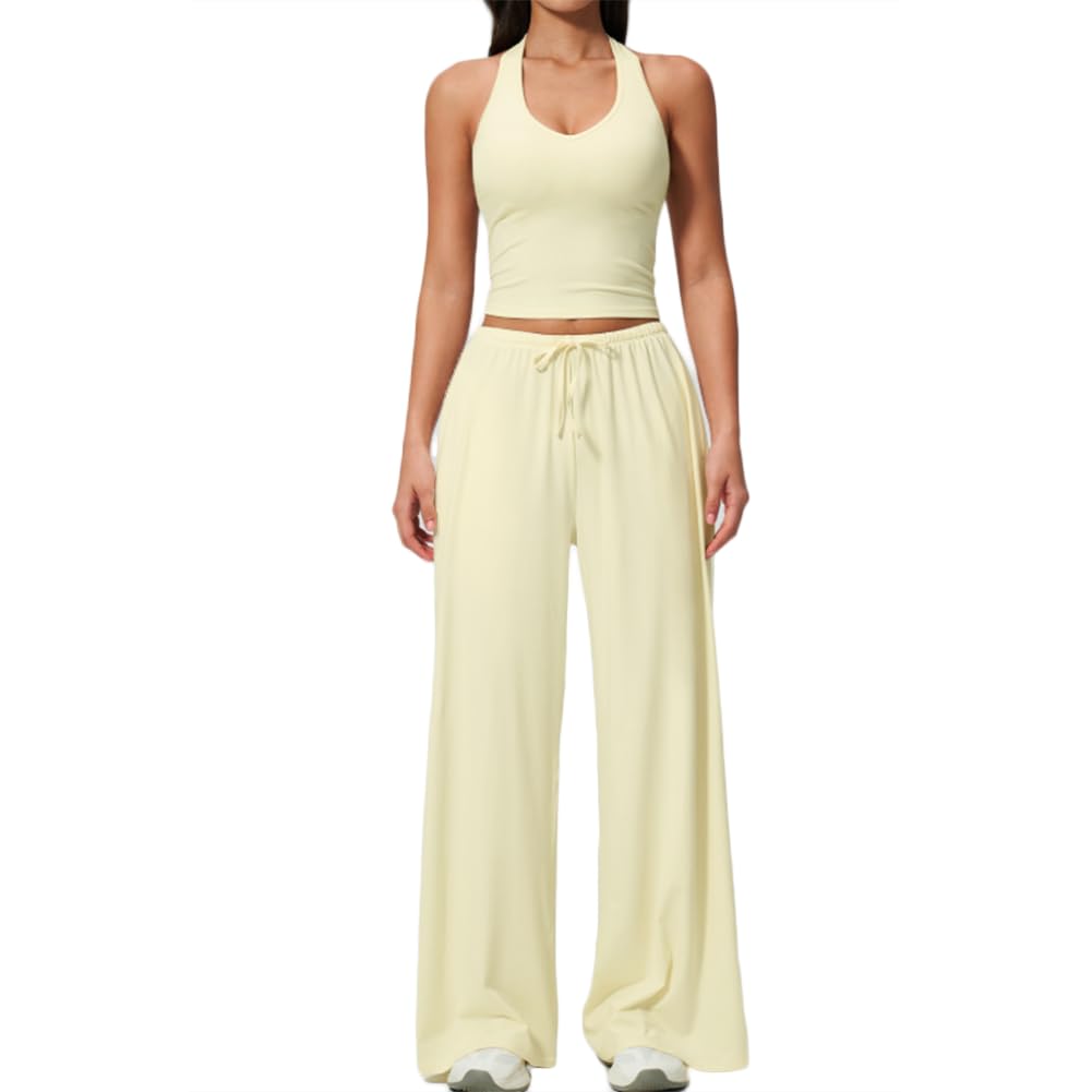XYFfybhsd Active Wear Sport Woman Flare Pants Gym Fitness Sets 2 Piece Sexy Yoga Outfit Apparel(Size:XL,Color:Light yellow)