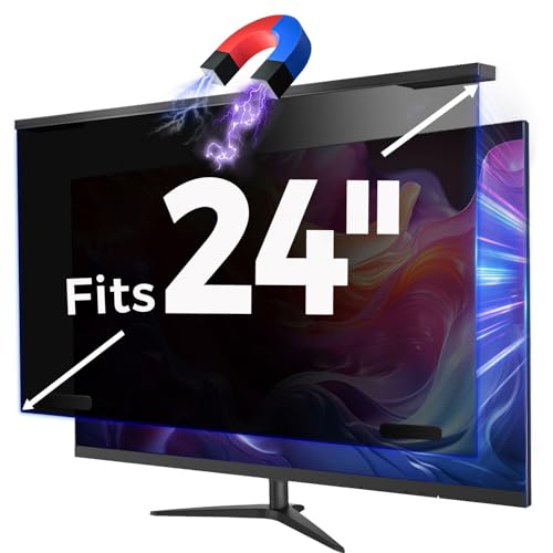 GUDTEKE Magnetic 24 Inch Computer Privacy Screen Filter, Aluminum Alloy Hanging Privacy Screen for Computer Monitor for 16:9 Monitor Removable Anti Blue Light Eye Protection