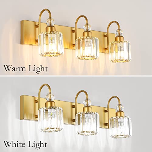 Image of Ralbay Gold Bathroom Vanity Lights 3-Lights Gold Crystal Vanity Lights Over Mirror Modern Crystal Bathroom Vanity Lighting Fixtures