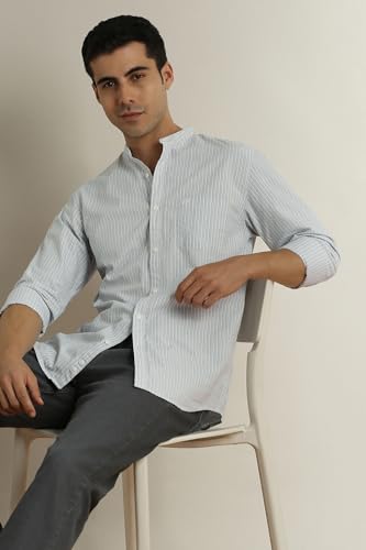 Image of Peter England Men's Casual Mandarin Collar Slim fit Full Sleeve Shirt in 100% Cotton Seersucker with Striped Design
