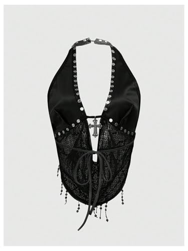 SOLY HUX Women's Gothic Grunge PU Leather Sparkly Halter Crop Top Y2k Deep V Neck Vest Rave Outfits2