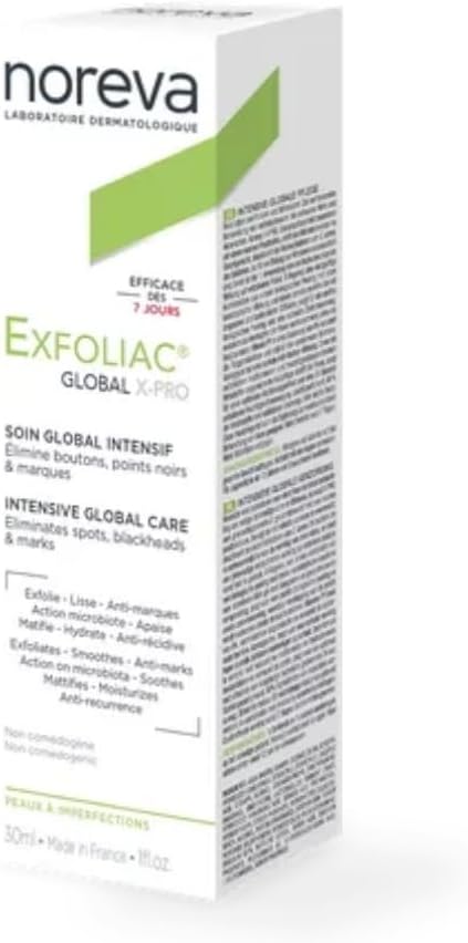 Noreva - Exfoliac Global X-PRO - Intensywna ogólna pielęgnacja - Przeciw pryszczom i zaskórnikom - Koryguje niedoskonałości - Matuje - Nawilża i łagodzi - 90% naturalnych składników pochodzenia - 30ml