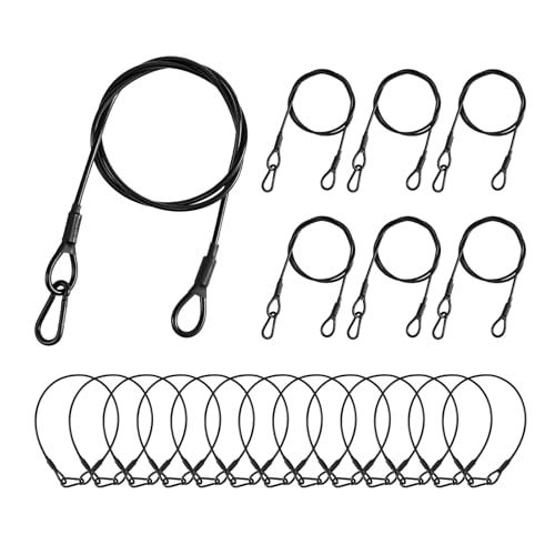 20-Pack Safety Security Cables for DJ Stage Lighting, 2ft Stainless Steel Cable with 1/8" Diameter, Black Ropes with Loops and Carabiner for Safe Attachment