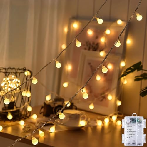 Cadena de luces LED para exteriores, con pilas, para interior, decoración navideña, 5 m, 50 LED, bolas de luz, pilas, resistente al agua, luz blanca cálida, iluminación navideña para habitación