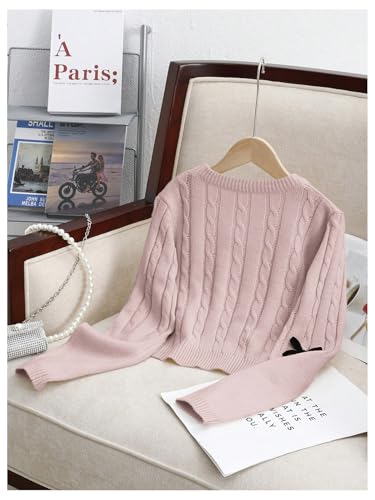 Image of SweatyRocks Girl's Cable Knit Sweater Cute Bow Crewneck Long Sleeve Pullover Sweater