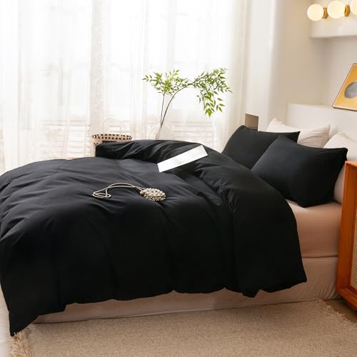 Image of ECOCOTT 3 Pieces Duvet Cover Queen Size 100% Washed Cotton 1 Duvet Cover with Zipper and 2 Pillowcases, Ultra Soft and Easy Care Breathable Cozy Simple Style Bedding Set (Black,Queen)