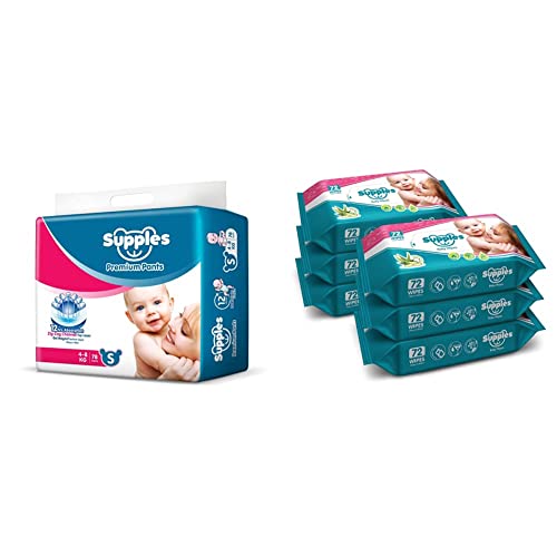 Image of Supples Baby Pants Diapers, Small, 78 Count with Wet Wipes (Pack of 6)