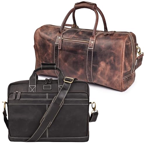 LEATHER VILLAGE Genuine Leather 18 Inch Office Laptop Bag & 24 Inch Travel Duffel Bag Set – Men’s Business and Overnight Bags – Cherry Duffel Bag and Black Laptop Bag – Pack of 2