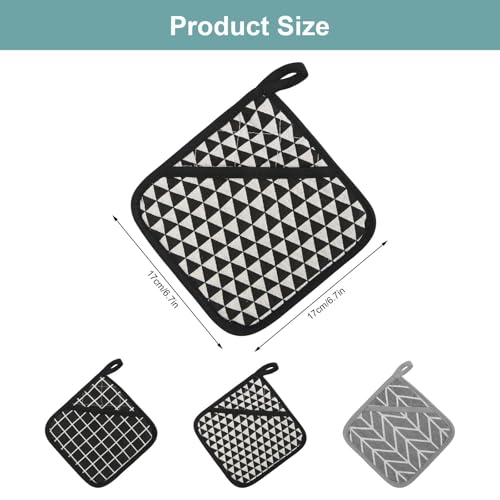 Hitzebeständige Topflappen,6 Stück Topflappen Set Topflappen mit Taschen Waschbar Topflappen Küchenzubehör zum Kochen für Heiße Töpfe Schwarz 17x17 cm