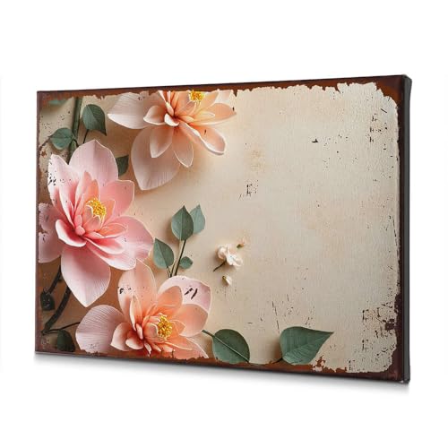 Toile florale de salle de bain vintage rose et cadre mural rustique 30x40 cm