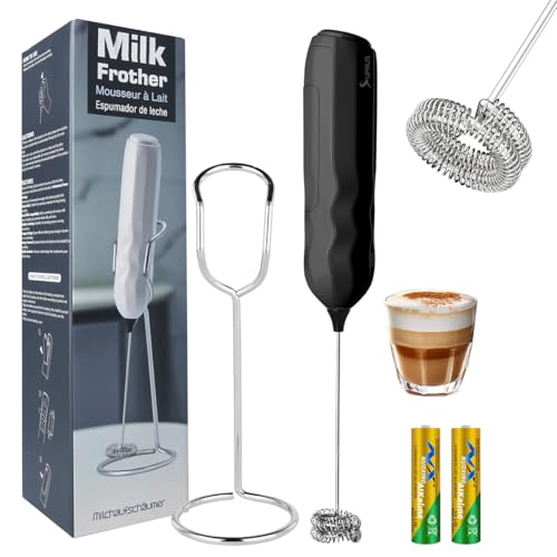 Image of SUPRUS Ultra Fast Handheld Milk Frother Double Whisk with Stand 2 Batteries Stainless Steel for Lattes Cappuccino Matcha Hot Chocolate Coffee Bar Accessories Kitchen Gadgets Gift