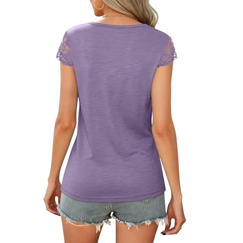 Image of Womens Tops V Neck Short Sleeve T Shirts Womens Summer Tops Casual Soft Basic Lace Tops Spring Summer Tees Clothes 2026
