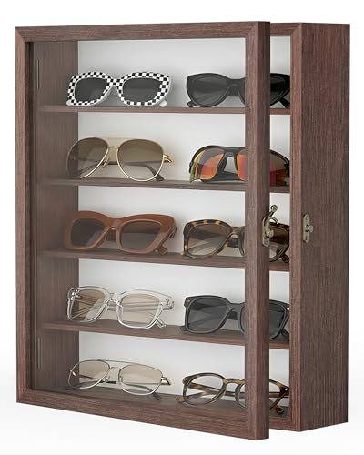 Image of TJ.MOREE 5-Tier Sunglasses Organizer Storage Wall Mounted: 13 x 15 inches Eyewear Display Case Rustic Wood Eyeglasses Holder Large Glasses Storage Box, Brown