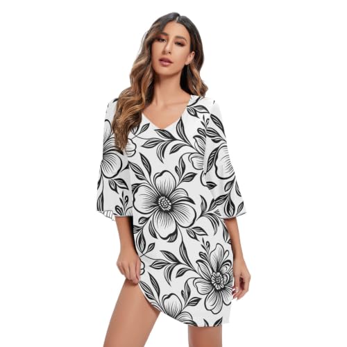 Robe femme mousseline de soie imprimé feuilles noires col en V