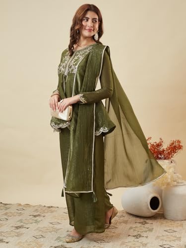 Image of MOKOSH Women's Silk Embroidered Peplum Kurta Sharara with Dupatta | Kurta Set | Ethnic Wear |Round Neck Full Sleeve Kurta | 3 Piece Outfit |Embroidered