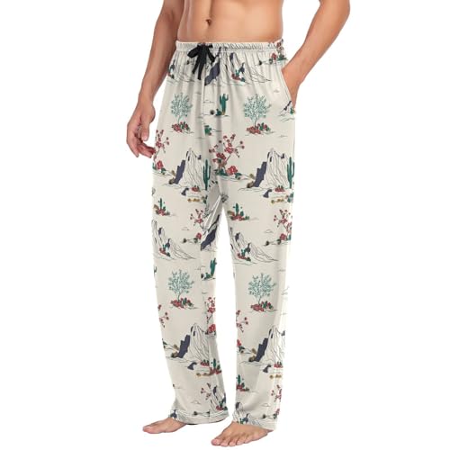 Men’s Desert Cacti Pajama Pants with Pockets, Comfortable Lounge Sleep Bottoms#6854
