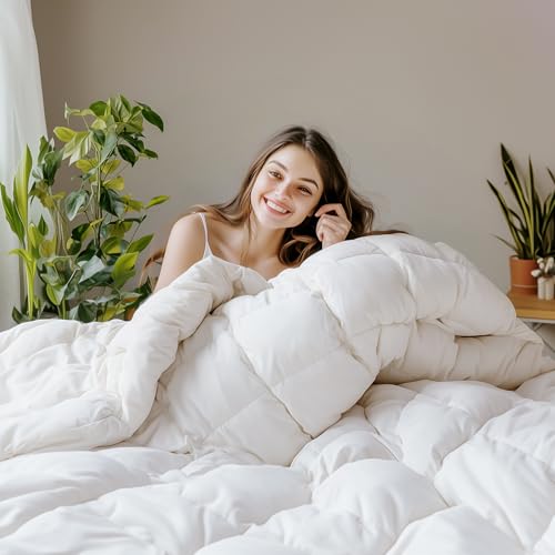 SANSWAN Full Size Winter Goose Down Feather Comforter, Breathable Heavyweight Hotel Duvet Insert, 100% Organic Cotton Cover, Ultra Soft & Warm, 82x86 Inch, White