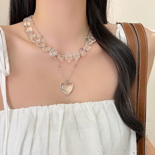 Collar de corazón irregular estilo francés con doble cadena ajustable de cuentas 4