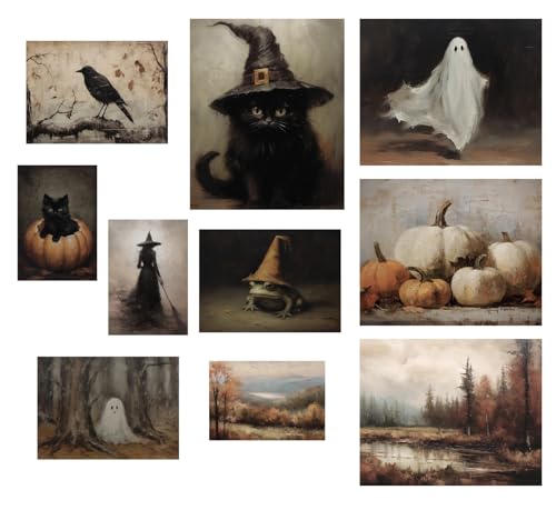BAYKUL Halloween wanddecoratie, donkergothische heksendecoratie, vintage gothic kamerdecoratie, griezelige spookposters muurkunst set van 10 pompoen, zwarte kat horrorkunstprints (geest)