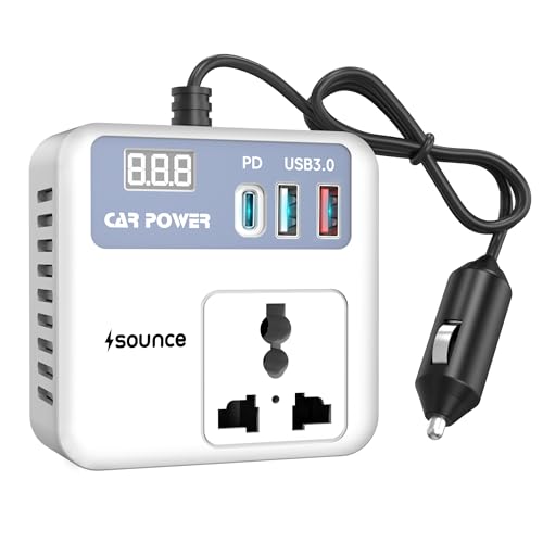 Image of Sounce 150W Car Power Inverter - 12V DC to 220V AC, Dual AC Outlets, 2 USB Ports (3.1A Max) & Type-C Fast Charging, Compact & Safe Laptop Charger for Travel & Camping