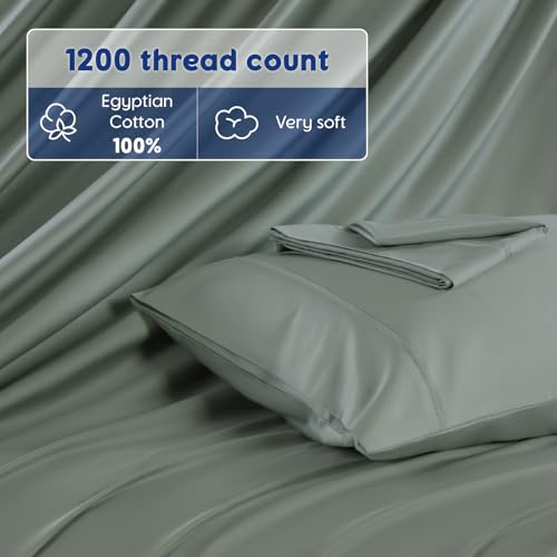 Image of SONORO KATE 100% Egyptian Cotton Sheets,1200 Series,Cal King Size | Soft Breathable & Cooling LuxuryHotel Cotton,Sateen Weave for Soft Feel,Fits Upto 16 inch Mattress,4PC,Sea Glass