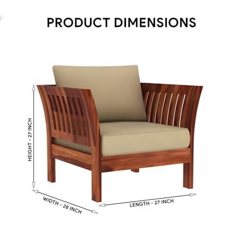 Image of Solid Sheesham Wood Single Seater Sofa with Cream Cushion | Wooden 1 Seater Sofa for Home Bedroom Living Room Hall and Office (Honey Finish)
