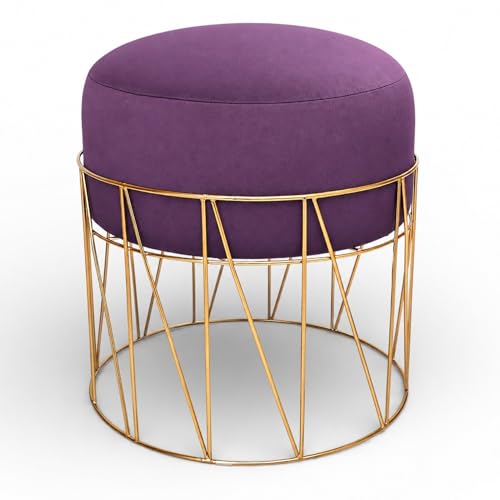 Image of Premium Set of 2 Gold Metal Ottoman Pouffe Stool & Footrest for Living Room & Bedroom | Wine Soft & Classy Mosha Fabric with Linear Frame | 18 inch Height | Luxury Multipurpose Furniture & Home Decor
