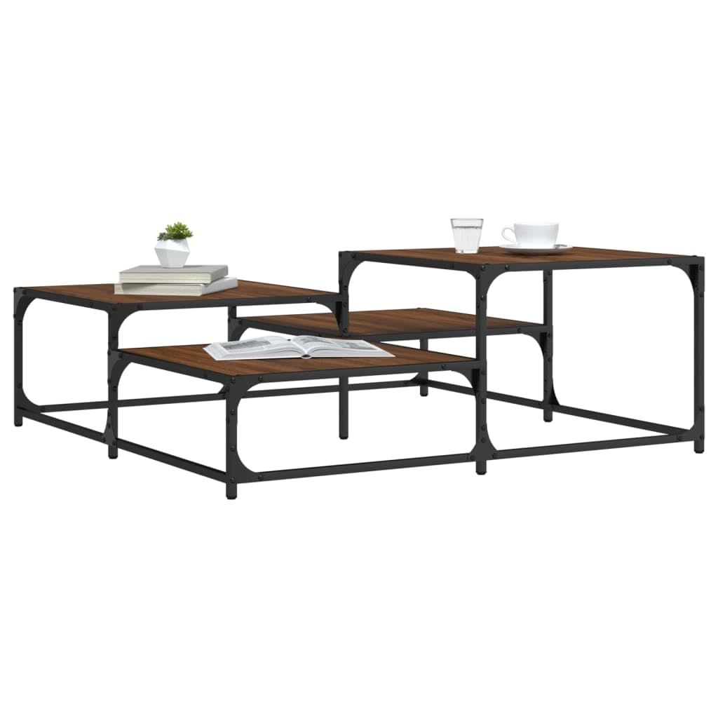 Stolik kawowy, brązowy, imitacja dębu, materiał drewnopochodny i metal, 107 x 107 x 40 cm, kwadratowy, z regulowanymi nogami i stabilnym blatem stołu, do salonu, na sofę, do biura