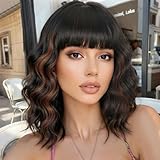 XIXIBI Bob Wavy Wigs With Bangs, Black Mixed Brown Wigs for Women Short Curly Wavy Wigs with Highlights, Natural Looking Shoulder Length Womens Wig for Daily Party Use