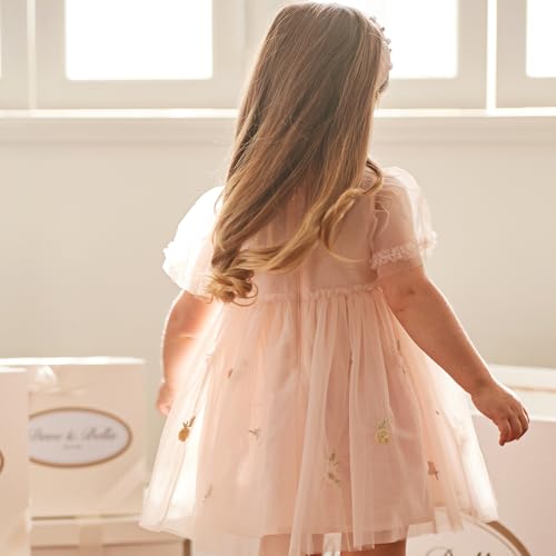 DAVE & BELLA Toddler Baby Girl Tutu Dress, Ruffle Short Sleeve Summer Tulle Dresses Tiered Pleated Floral Princess Sundress3