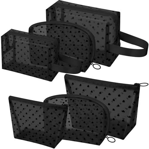 Fassave 6 Pieces Zipper Mesh Makeup Bags Set, Nylon Cosmetic Bags Portable Clear Toiletry Bas Travel Organizer Bags for Office Travelling Organization (Black Heart Printed, Assorted Size)
