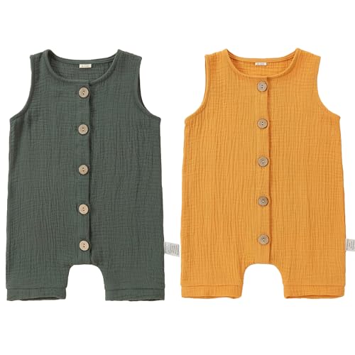 Image of COOKY.D Unisex Baby Cotton Sleeveless Spring Romper Soft Breathable Toddler Summer Jumpsuit Bodysuit Outfits 12-18 Months,2 Pack,Green&Yellow