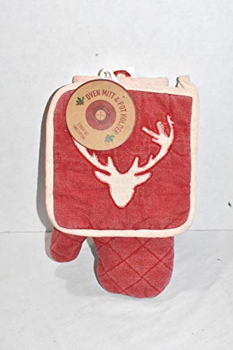 Chef Central New 2Pc Red & White Reindeer Buck Kitchen Oven Mitt & Pot Holder Set #TOP1