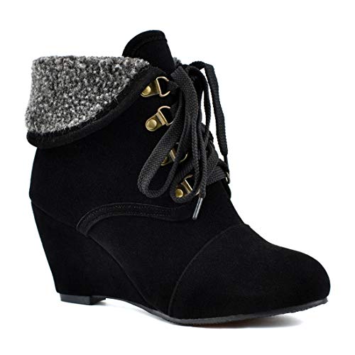 VOKLIN Women's Winter Fur Cuff Wedge Ankle Boots Suede Lace Up Round Toe Chunky High Heel Dress Short Booties
