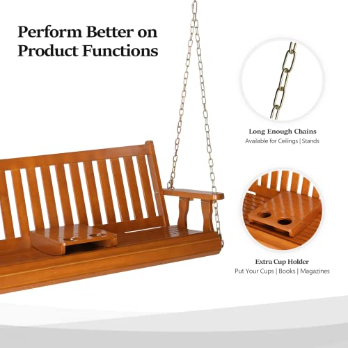 Image of VINGLI Heavy Duty 880 LBS Wooden Patio Porch Swing with Cup Holder, 5 FT Well-Finished Outdoor Swing Chair Bench with Adjustable Chains for Porch, Yard, Balcony, Tree