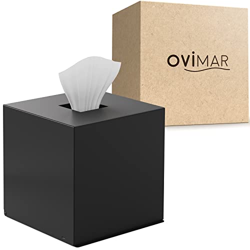 ovimar Caja de pañuelos cuadrados Teksmona | Acero Inoxidable | Negro Mate | Dispensador perfecto de pañuelos, toallas de papel o pañuelos | en forma de cubo para baño, cocina o mesa de comedor