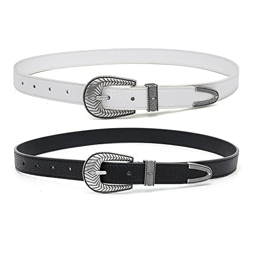 Tanpie 2 Pack Women Belt Ladies Western Vintage Style Belt for Pants Jeans Dress Black White Medium