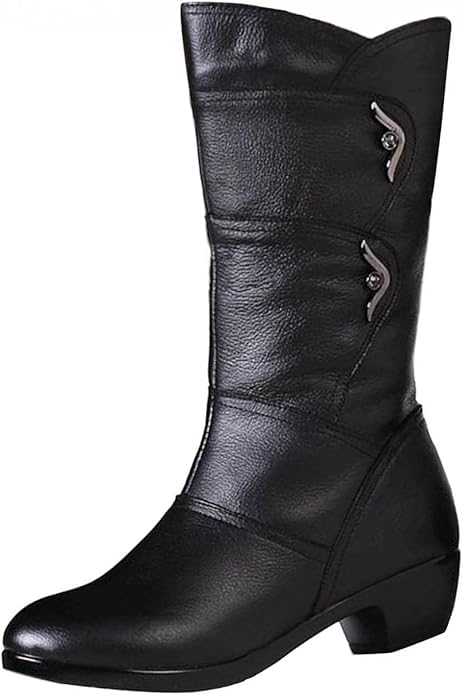 Snow Boots For Women Ladies Round Toe Chunky Block Low Heels Mid Calf Riding Boots Wear Retro Leather