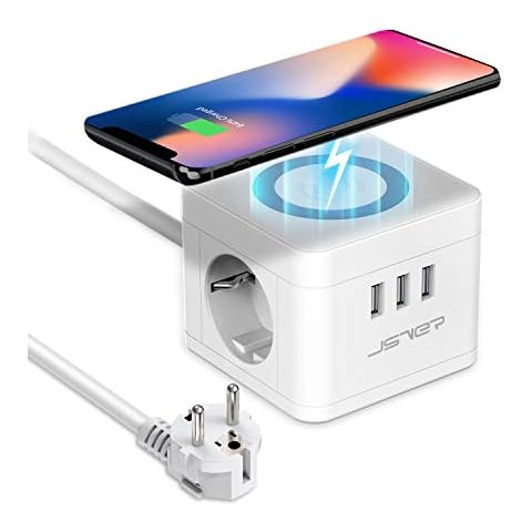 JSVER Regleta Enchufe USB Cube con Cargador Wireless y 3 Puertos USB Cover