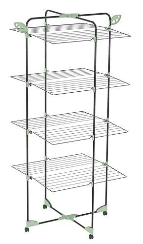 Colombo Tower - Tendedero Vertical de Torre Que Ahorra Espacio | 10 Pinzas Incluidas | 40 m – 14 kg de Capacidad | Estructura de Acero Inoxidable | Ruedas antiarañazos | con Soporte para Perchas |